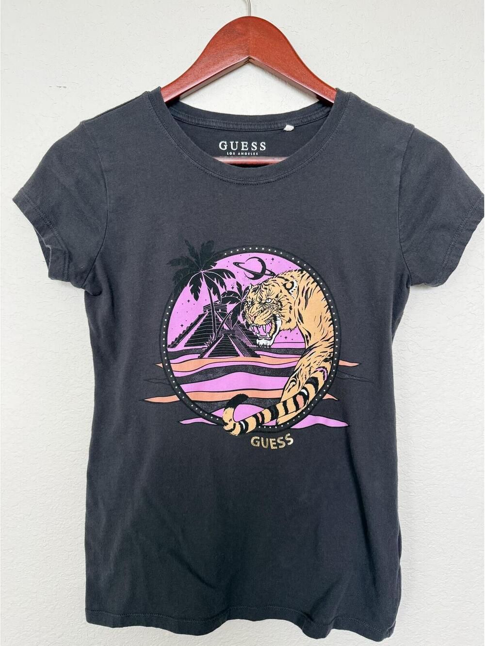 GUESS Los Angeles Tiger Graphic Tee Women’s S Black Retro Neon T-Shirt